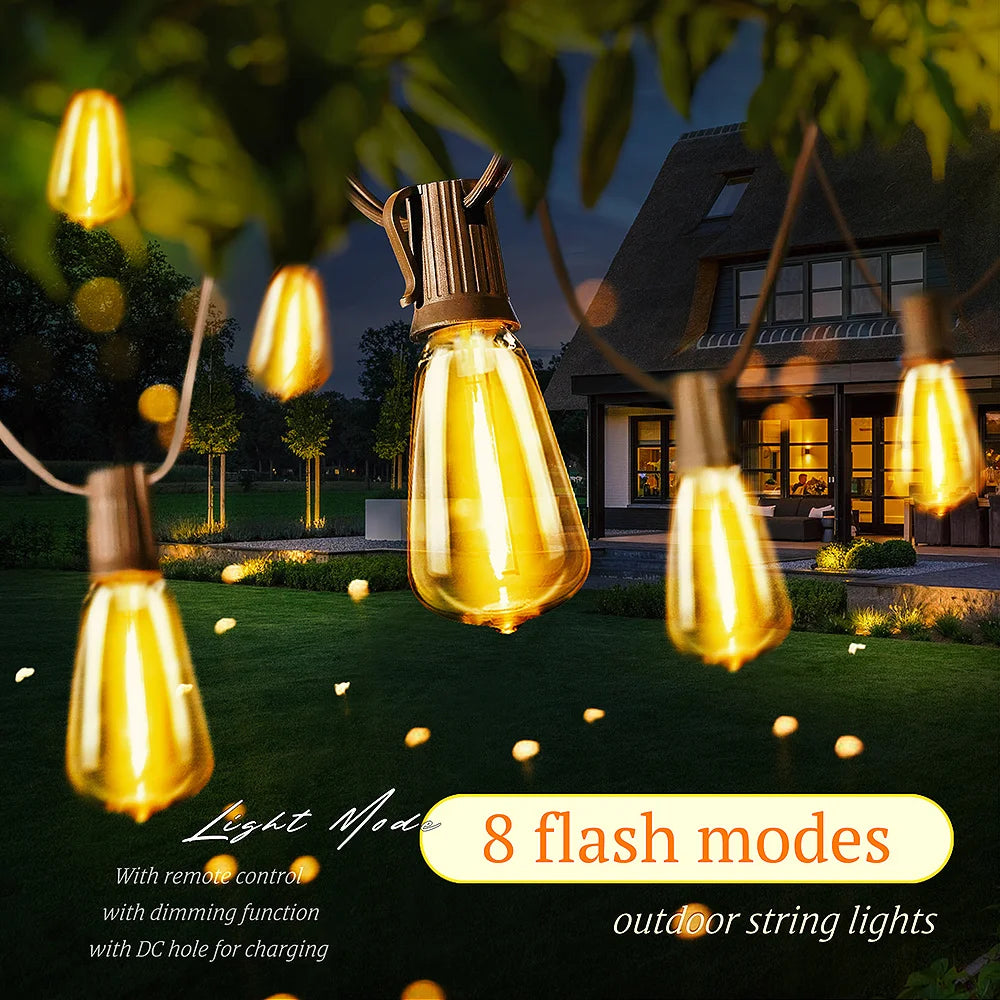 12M/9.5M Solar String Lights Outdoor with Remote, ST38 Patio Lamp & LED IP65 Shatterproof Bulbs, 8 Light Modes for Garden Party