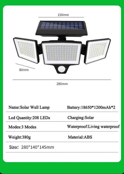 Solar Security Lights Outdoor with 3 Modes Motion Sensor Super Bright Wall Lamp 3 Head Street Light for Garden Yard Path Garage