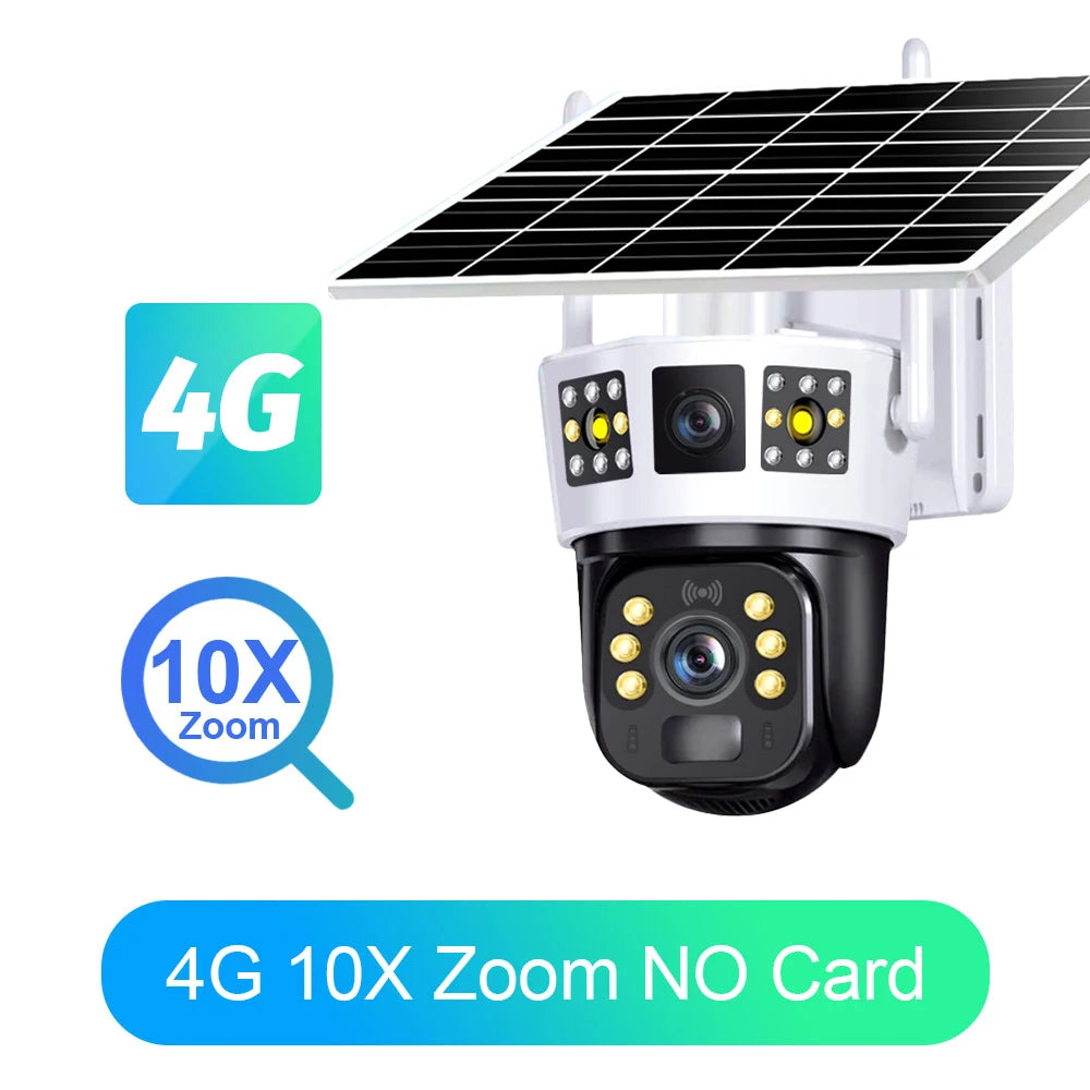 4G Solar Camera 6K 12MP Three Lens PTZ Dual screen PIR Human Tracking Color Night Vision Security CCTV Surveillance IP Camera