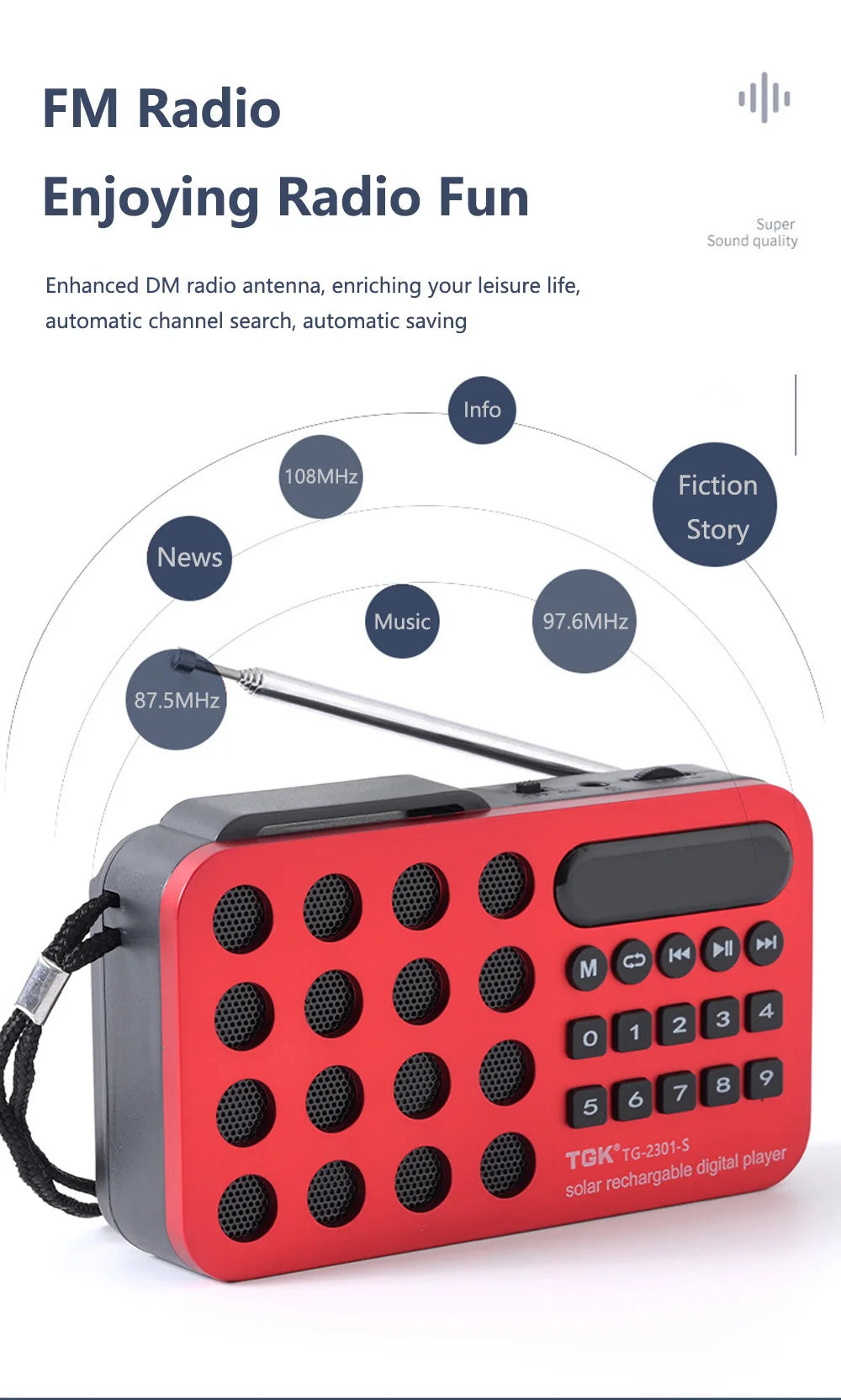 Solar Charging Portable FM Receiver Radio With Bluetooth Wireless Speaker Support USB TF Card MP3 Music Play Radio FM Receiver
