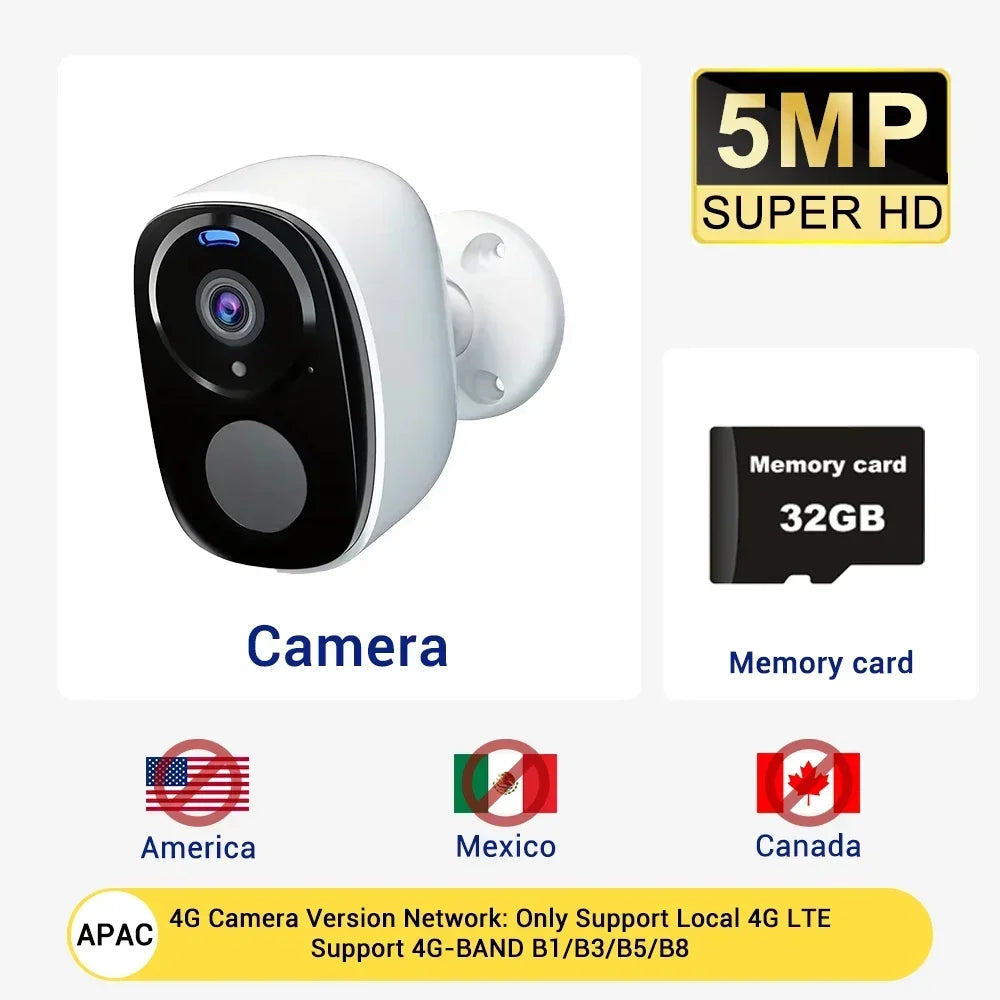 4G Solar Surveillance Camera Wireless Outdoor 2K 5MP Battery Powered Security Camera Spotlight Siren 2-Way Audio Waterproof