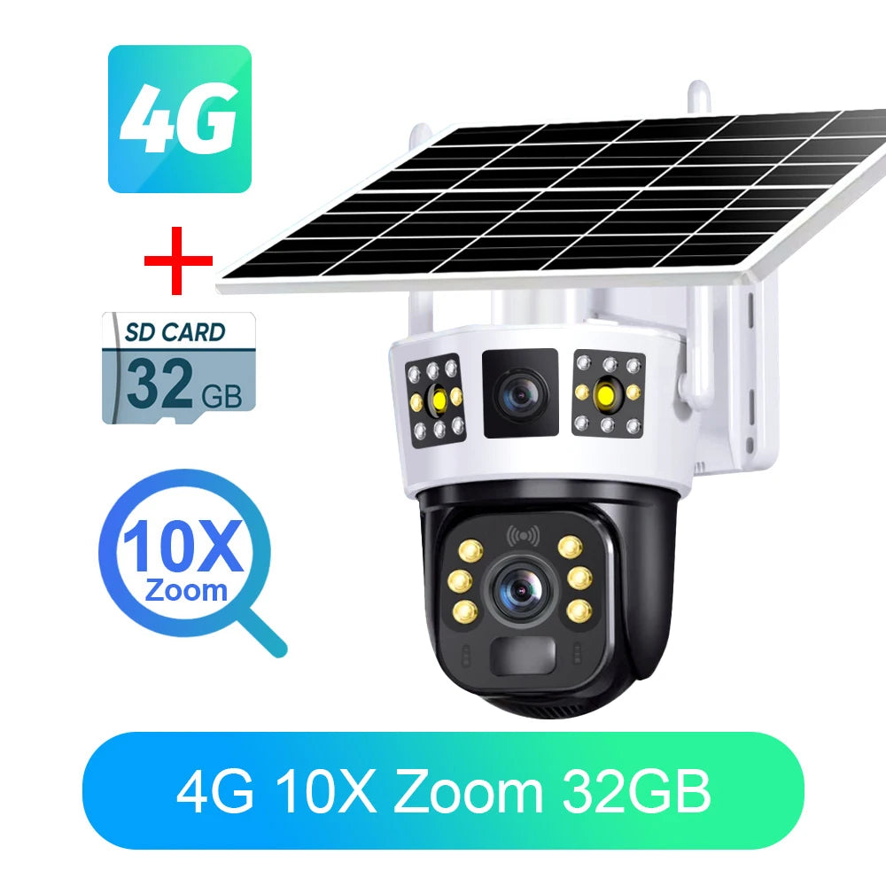 4G Solar Camera 6K 12MP Three Lens PTZ Dual screen PIR Human Tracking Color Night Vision Security CCTV Surveillance IP Camera