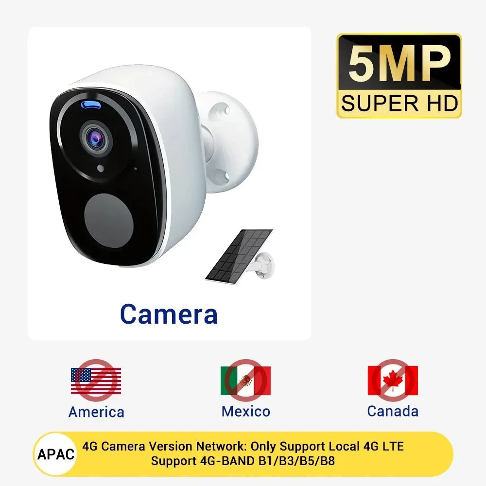 4G Solar Surveillance Camera Wireless Outdoor 2K 5MP Battery Powered Security Camera Spotlight Siren 2-Way Audio Waterproof