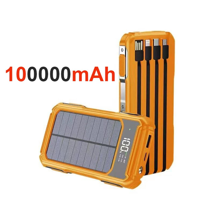 4-in-1 Solar Power Bank Built-in-cables 100000mAh High Capacity Charger Fast Charging Intelligent Digital Display Battery 2025