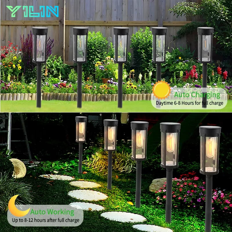 Solar Pathway Lawn Lights Outdoor Walkway Garden Tungsten lamp Waterproof Landscape Light Auto On/Off Lights for Yard Lawn Patio