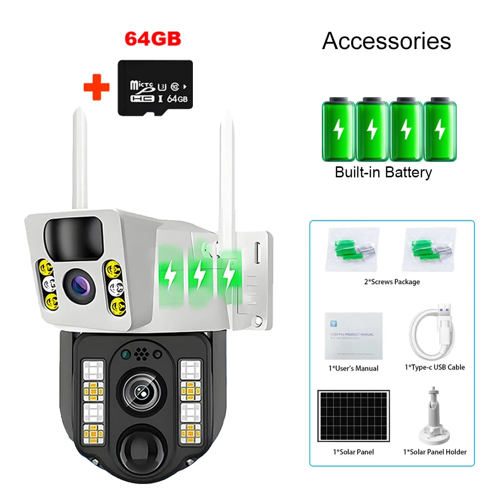 WiFi Solar Camera Dual Lens Security Protection IP 8MP HD Night Vision Outdoor Waterproof Smart Home Video Surveillance Camera