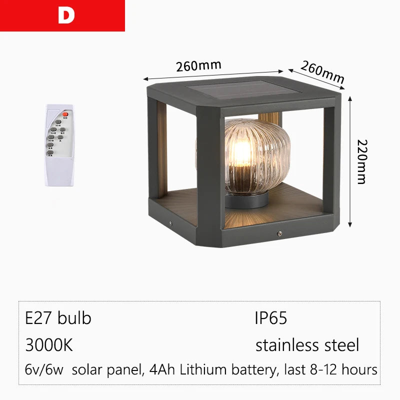 Outdoor Pillar Light Solar Powered Energy Saving IP65 Post Cap Lamp Auto Dusk-to-Dawn Sensor for Garden Villa Gate Pathway Fence