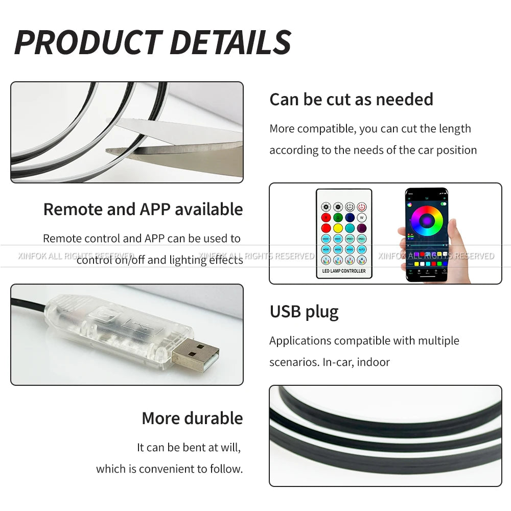 110cm APP Control Car Ambient Lights LED Interior RGB Symphony Atmosphere Light Acrylic Strips Dashboard Decoration Sunroof