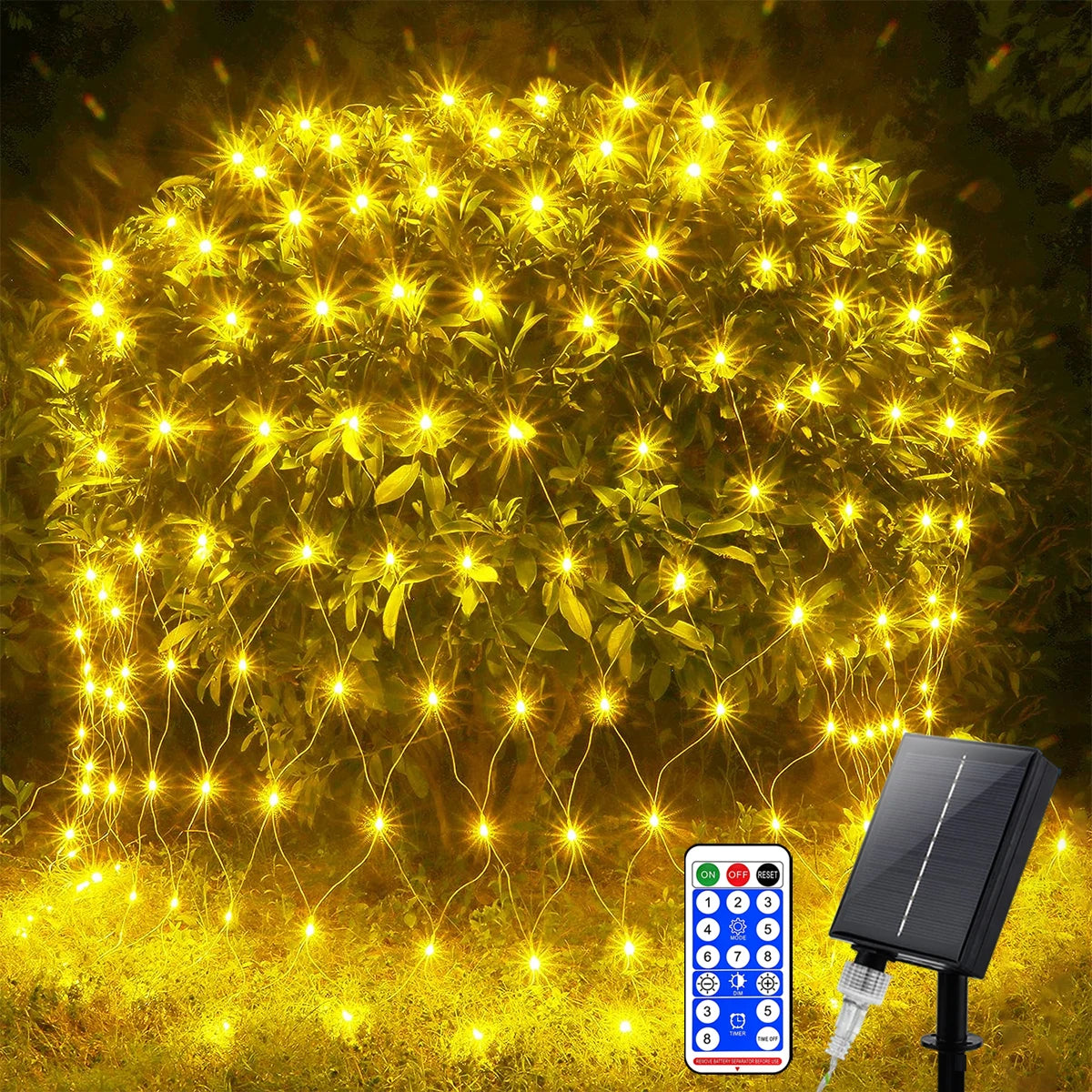 1pc Solar Net Lights Bush Net Lights Mesh Lights 8 Modes Remote Control Auto On/Off Outside Twinkle Lights For Patio Wall Roof