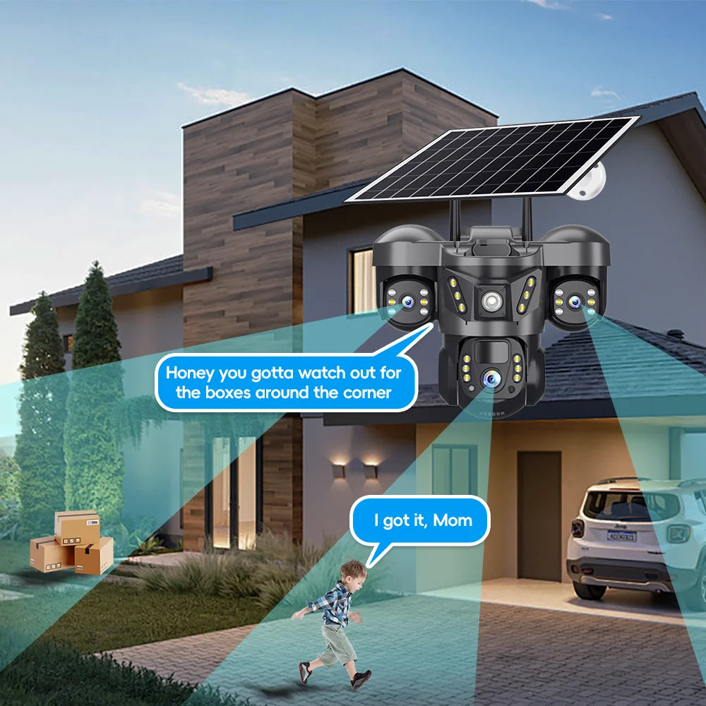 Solar 4G Camera With Sim Card 12MP 6K Three Lens Three Screen Monitor Night Vision Security Protection PTZ Video Surveillance