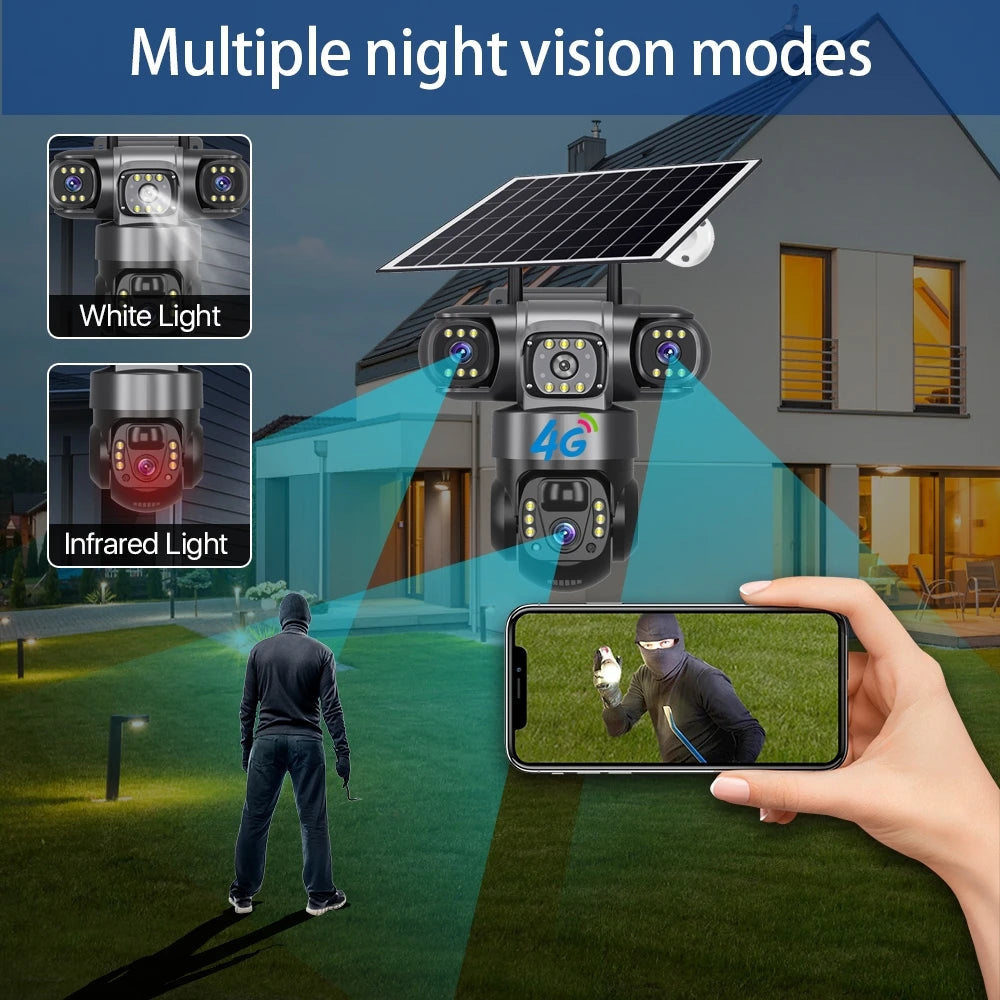 Solar 4G Camera With Sim Card 12MP 6K Three Lens Three Screen Monitor Night Vision Security Protection PTZ Video Surveillance