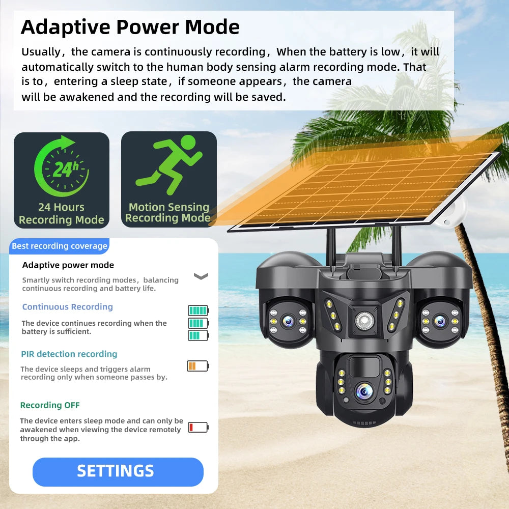 15MP 4G Solar Camera PTZ Outdoor CCTV Triple Lens Three Screen PIR Colour Night Vision Weatherproof V380 PRO Cameras
