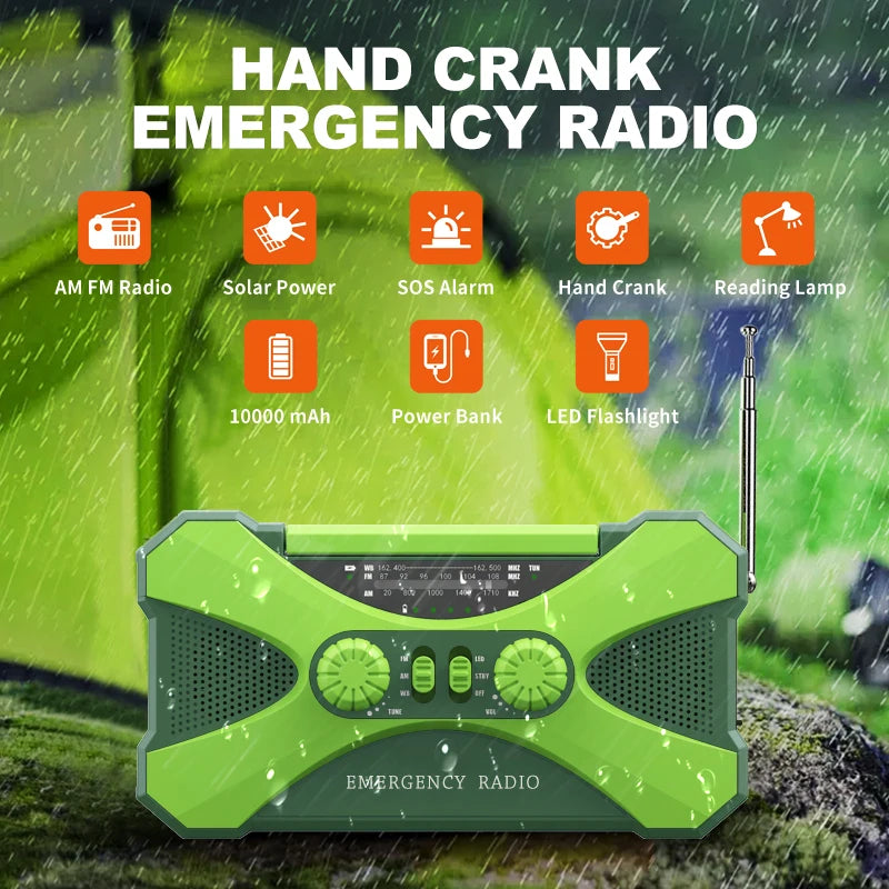 10000mAh Emergency Solar Power Radio Hand Crank Radio AM/FM/NOAA Global receiver High Quality LED Torch Reading Light SOS Alarm