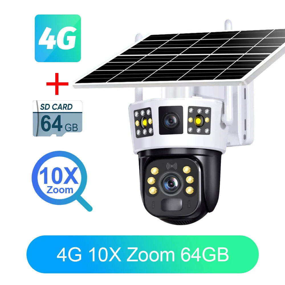4G Solar Camera 6K 12MP Three Lens PTZ Dual screen PIR Human Tracking Color Night Vision Security CCTV Surveillance IP Camera