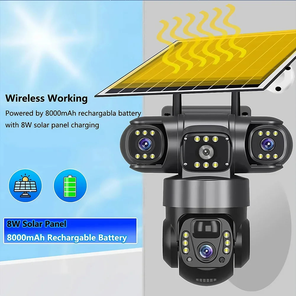 Solar 4G Camera With Sim Card 12MP 6K Three Lens Three Screen Monitor Night Vision Security Protection PTZ Video Surveillance