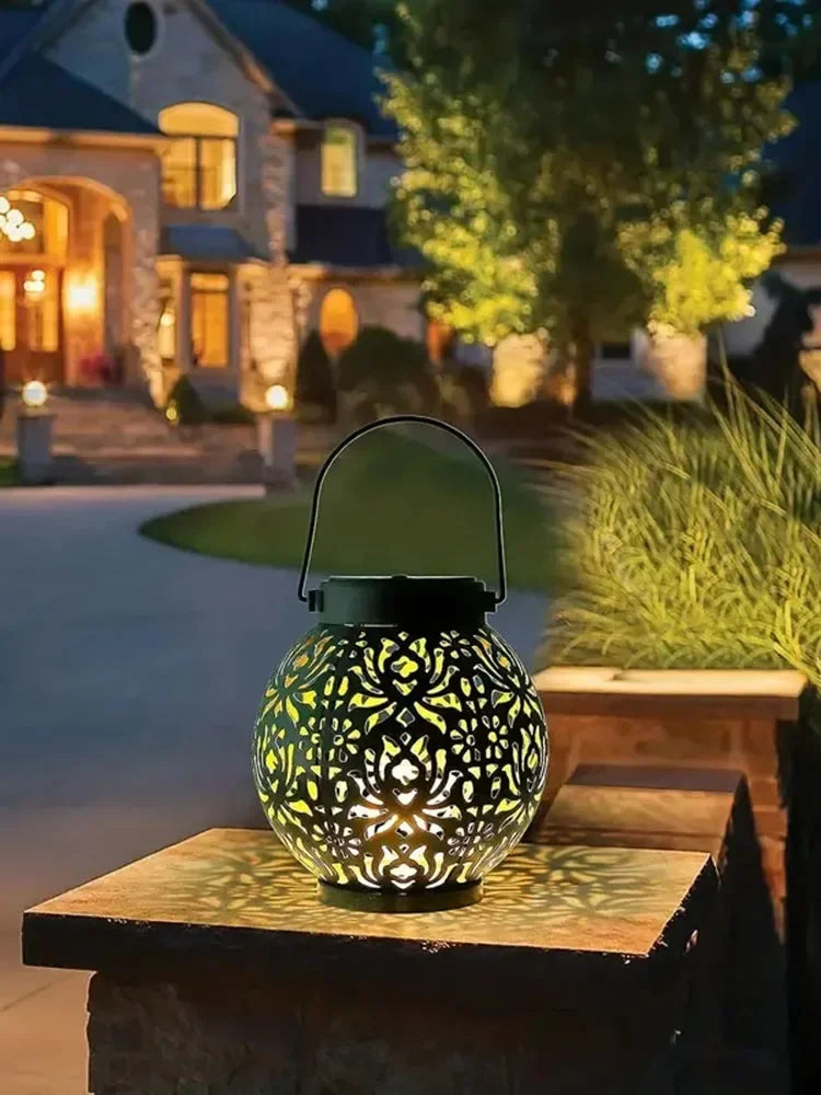 Solar Garden Light Outdoor Garden Decoration Solar Lights Metal Waterproof Round Lantern Lights Hanging Hollow Projection Lights