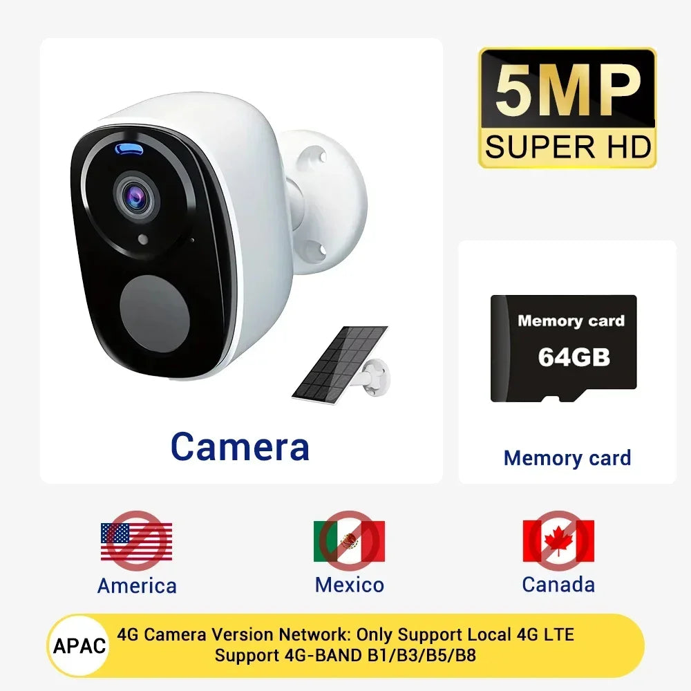 4G Solar Surveillance Camera Wireless Outdoor 2K 5MP Battery Powered Security Camera Spotlight Siren 2-Way Audio Waterproof