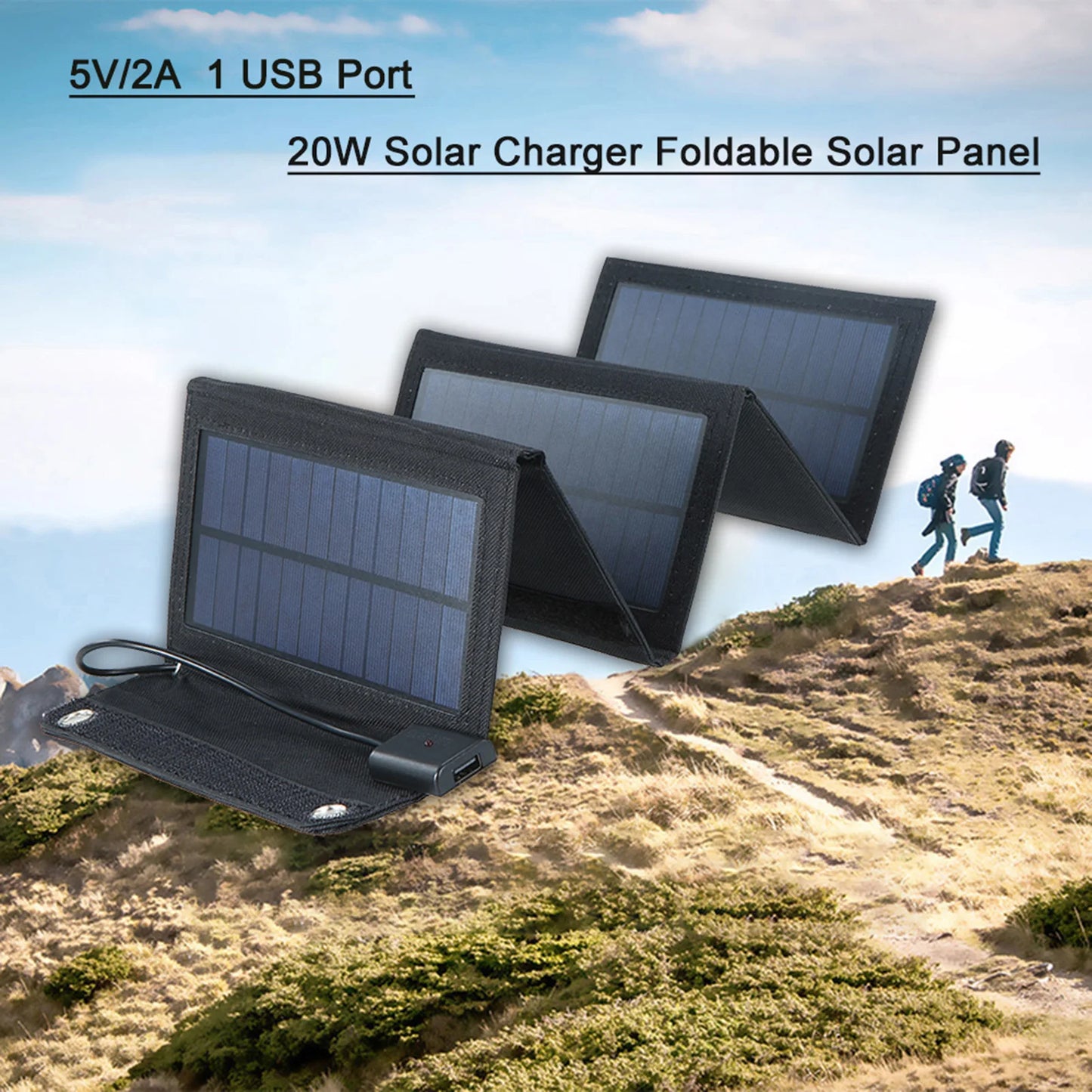 20W Solar Charger Foldable Solar Panel with USB Ports Waterproof Camping Travel Compatible for iPhone & Android Smartphones