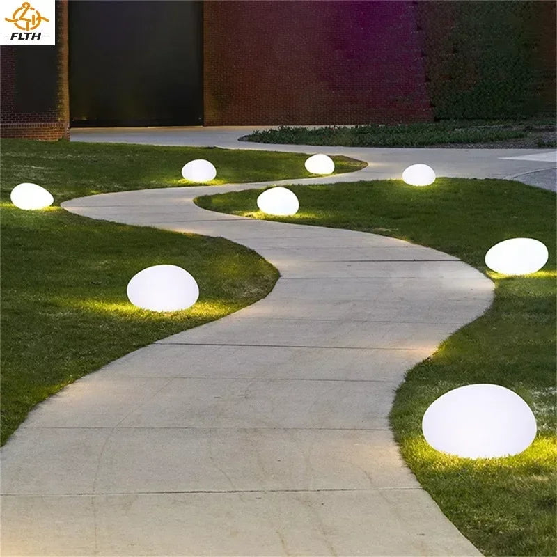 Solar Garden Lights Led Modern Creative White Stones Shape Waterproof IP65 with Remote Control Decor Home Courtyard Lawn Lamp