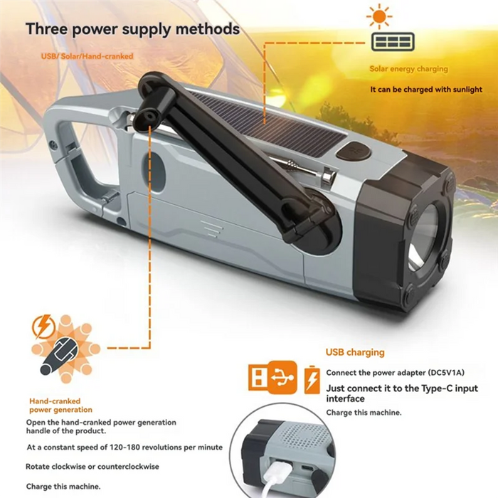 B50B-Multi-Function Solar Emergency Radio With AM/FM/WB Bands Large Flashlight Hand-Crank Generator Portable Phone Charger SOS A