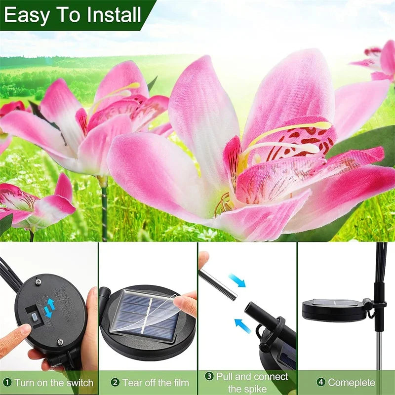 Flower Solar Lights Outdoor Garden, LED Solar Flower Lights with 7 Orchid Flower Solar Stake Lights for Courtyard Pathway lights