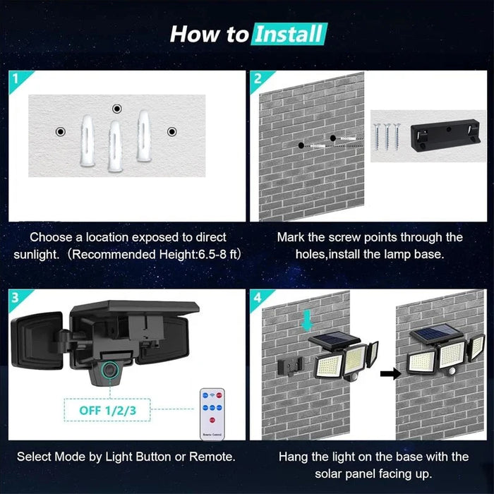 Solar Security Lights Outdoor with 3 Modes Motion Sensor Super Bright Wall Lamp 3 Head Street Light for Garden Yard Path Garage