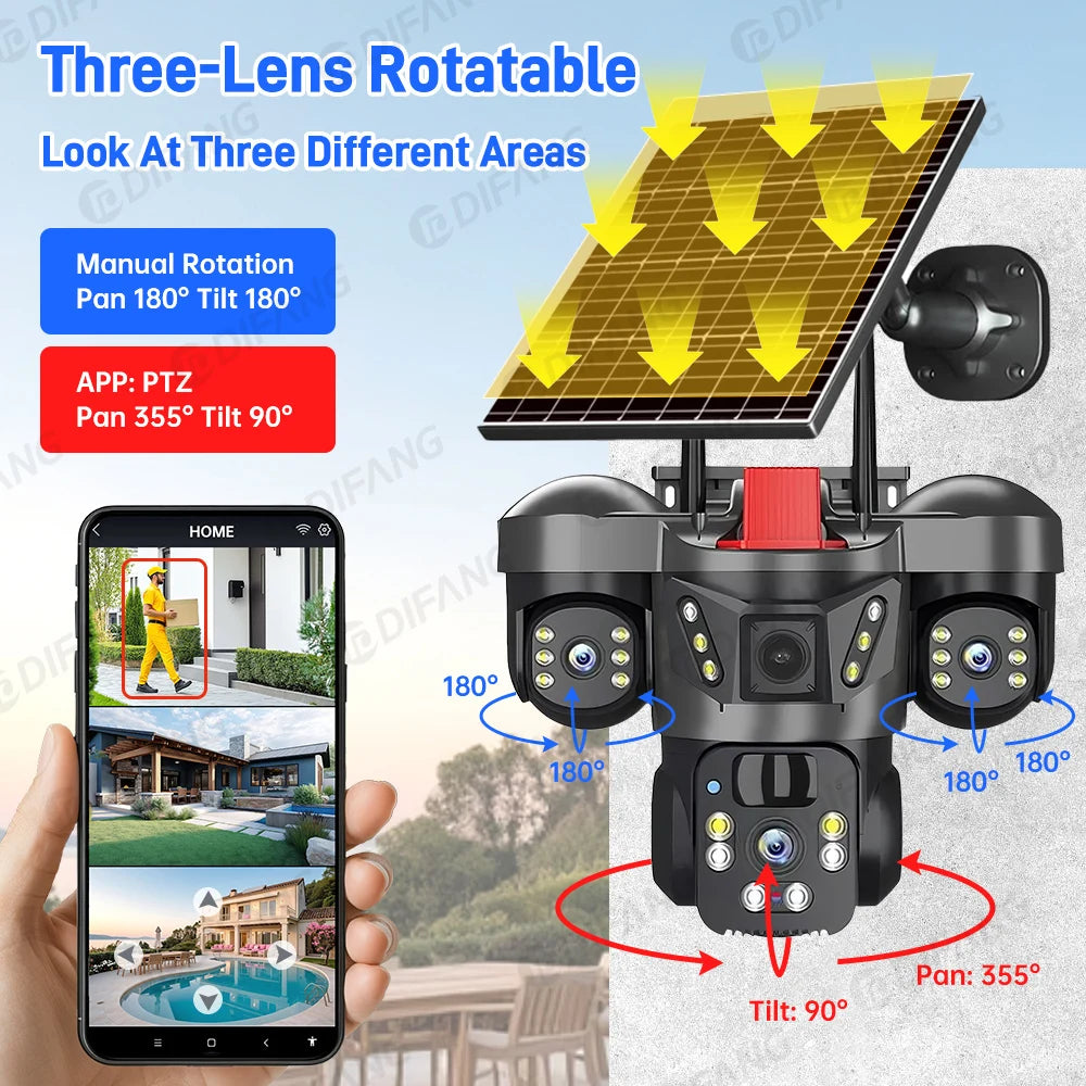 Wireless WiFi Solar Camera Three Lens Three Screen 4G Sim Card Solar Cam Human Detection Outdoor Solar Surveillance V380