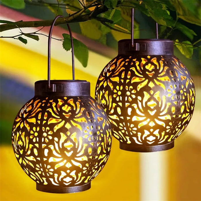 Solar Garden Light Outdoor Garden Decoration Solar Lights Metal Waterproof Round Lantern Lights Hanging Hollow Projection Lights