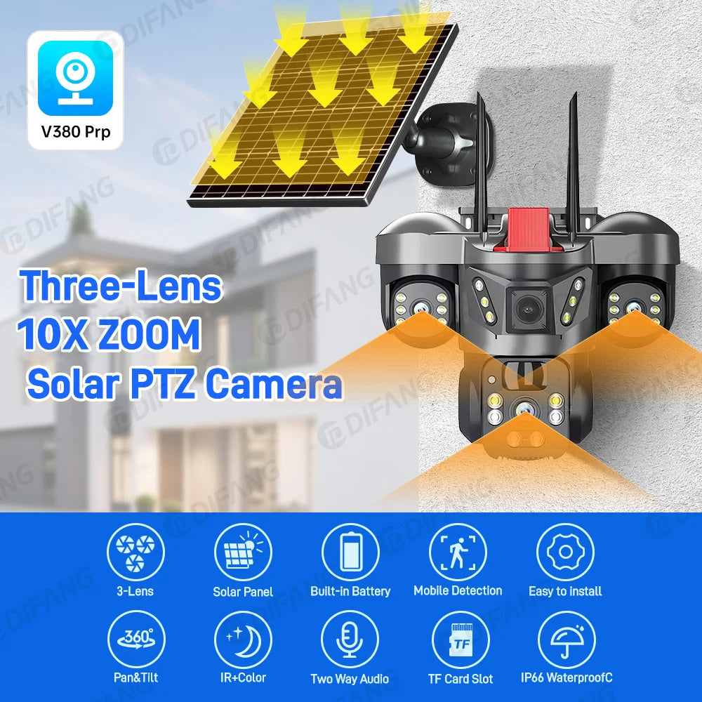 Wireless WiFi Solar Camera Three Lens Three Screen 4G Sim Card Solar Cam Human Detection Outdoor Solar Surveillance V380
