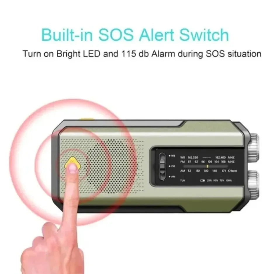 Weather Radio Emergency Multifunctional Radio FM AM WB Hand Crank Solar USB Charging 2000mAh Power Bank LED Flashlight Torch
