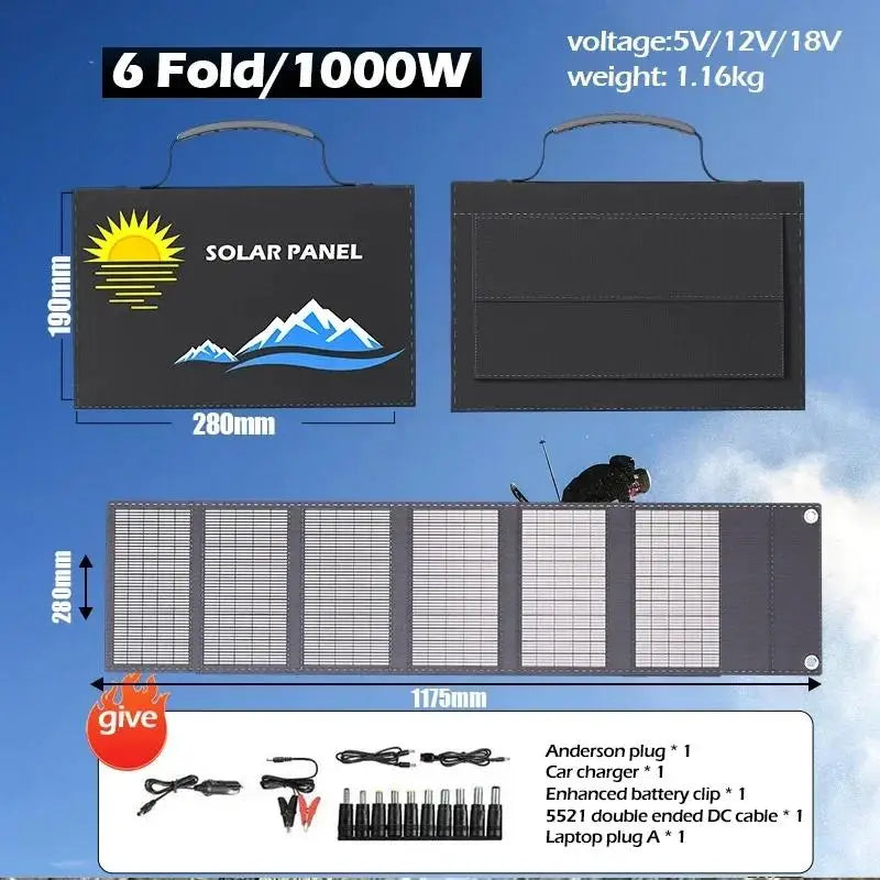 6 folder exclusive 1000W portable solar panel folding bag with USB+DC for outdoor hiking, camping, and mobile phone charging