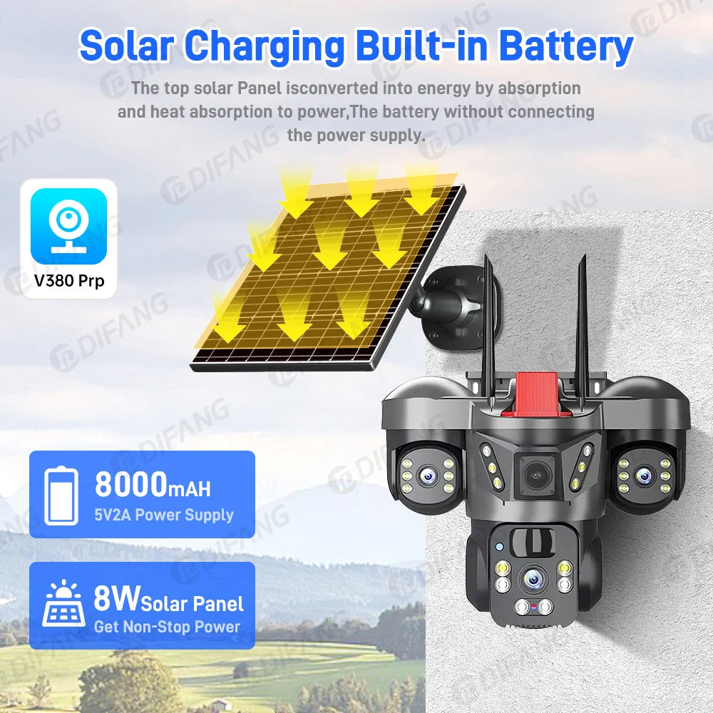 Wireless WiFi Solar Camera Three Lens Three Screen 4G Sim Card Solar Cam Human Detection Outdoor Solar Surveillance V380