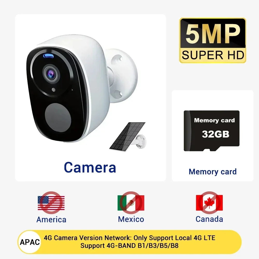 4G Solar Surveillance Camera Wireless Outdoor 2K 5MP Battery Powered Security Camera Spotlight Siren 2-Way Audio Waterproof