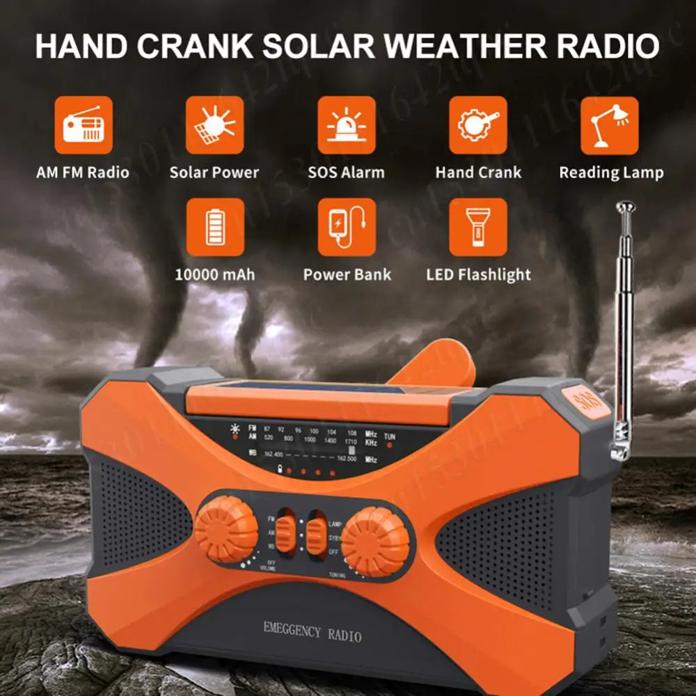 10000mAh Solar Hand Crank Radio Dual Speaker Stereo Emergency Radio Rechargeable FM AM WB NOAA Weather Radio Flashlight Torch