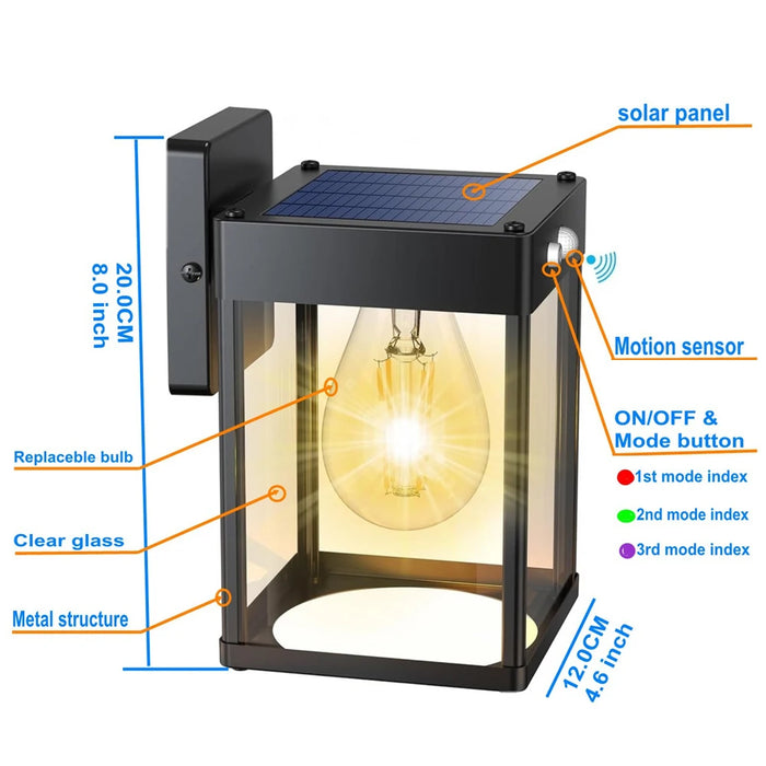 Solar Wall Lights Outdoor Waterproof 3 Modes Motion Sensor Porch Sconces Wall Mounted Light With Metal Frame Glass Shades Shed
