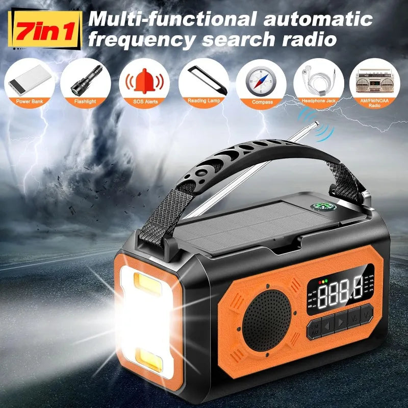 12000mAh Emergency Radio Hand Crank Portable Solar Radio Weather Radio SOS Alarm Flashlight Phone Charger Compass Reading Lamp