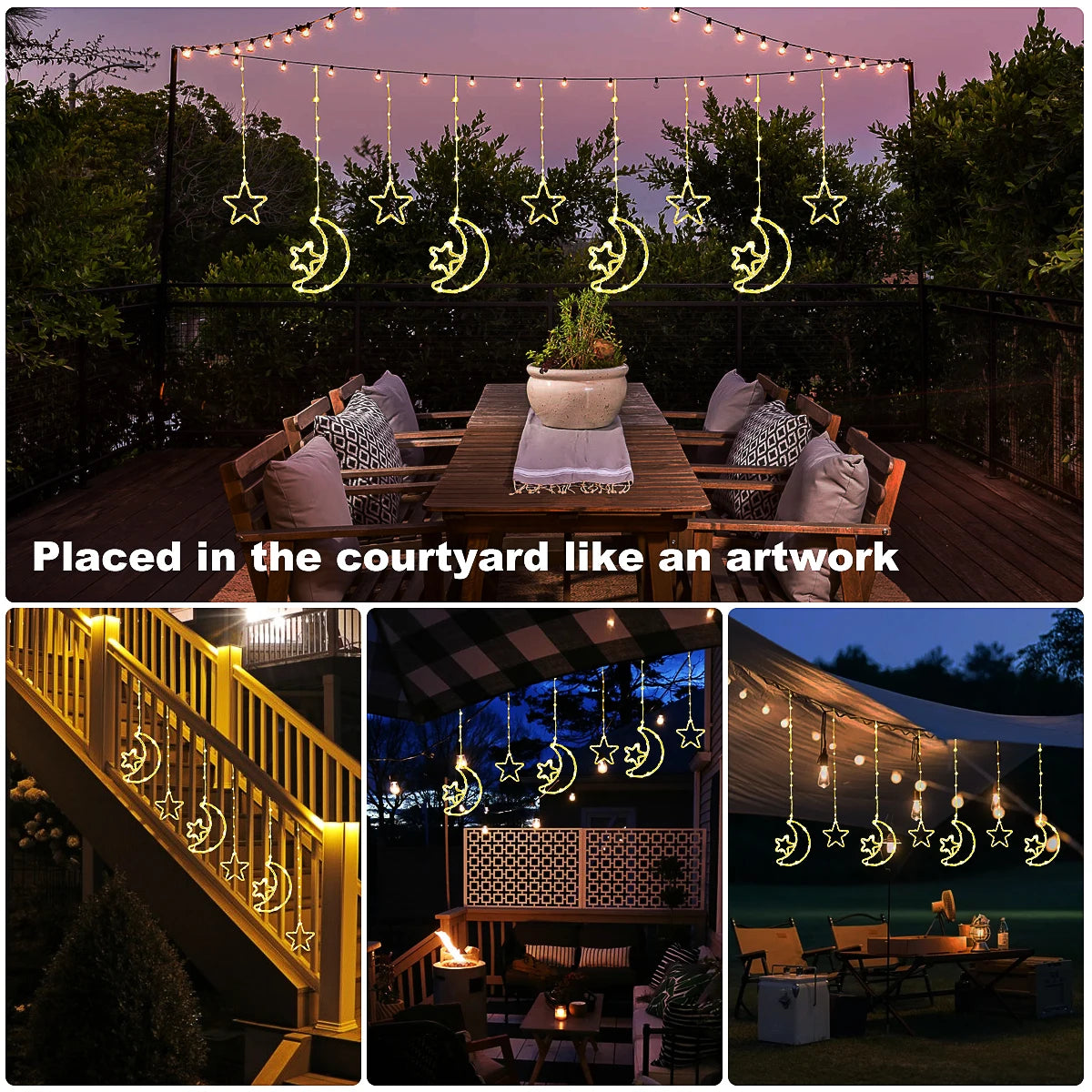 LED Decor Light Solar Moon Star Lights String Light Outdoor Waterproof Solar Powered Curtain Lights with 8 Modes Ramadan Hanging