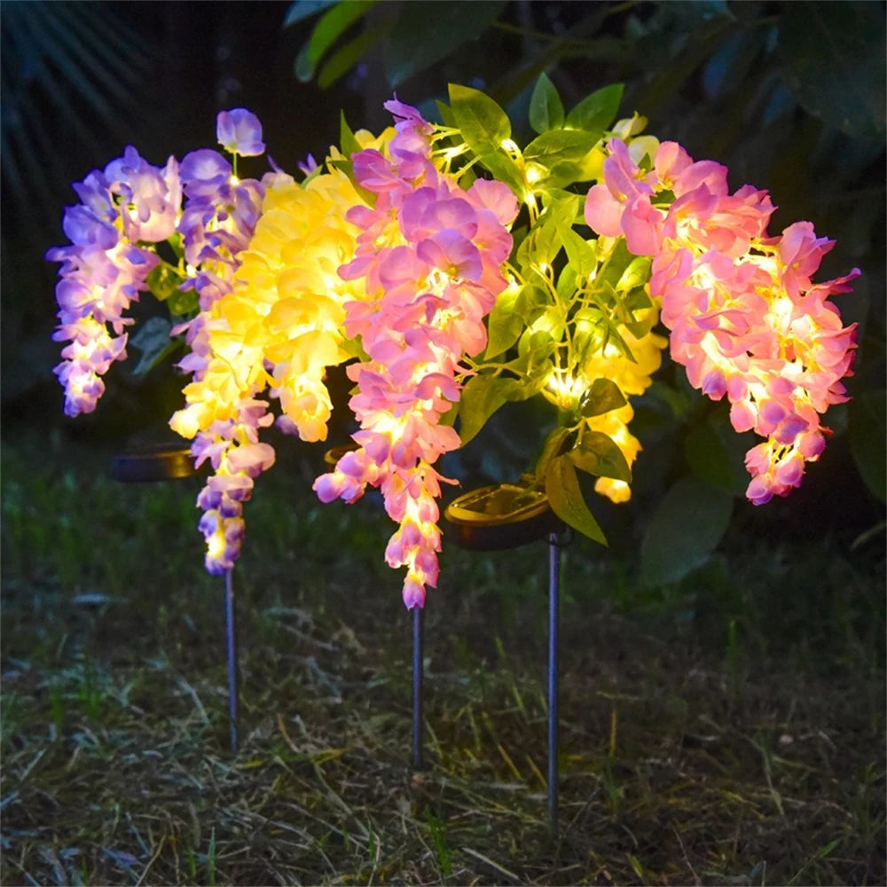 Solar Flowers Light Outdoor Garden Realistic Wisteria Floral Waterproof Artificial Flowers Solar Stake Lights for Patio Backyard