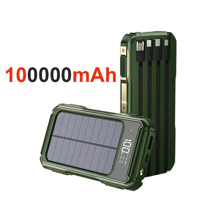 4-in-1 Solar Power Bank Built-in-cables 100000mAh High Capacity Charger Fast Charging Intelligent Digital Display Battery 2025