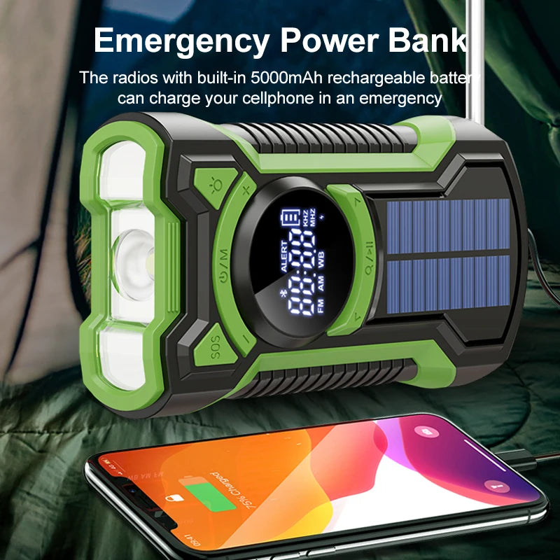 Solar Emergency Weather Radio Waterproof Hand Crank Weather Alert Radio 5000mAh Bluetooth-Compatible5.3 LED Flashlight SOS Alarm