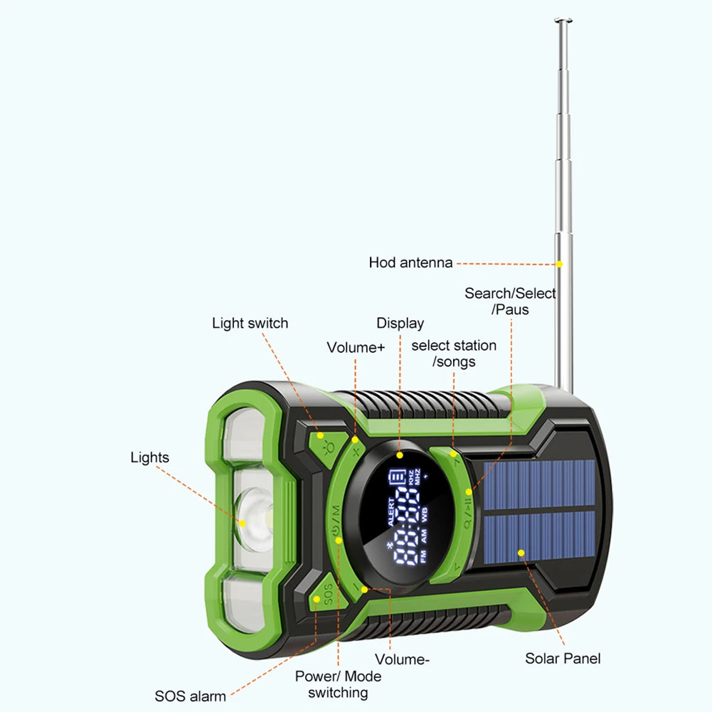 Portable Solar Emergency Weather Radio Bluetooth Compatible with Hand Crank AM FM NOAA and Phone Charger for Outdoor Use