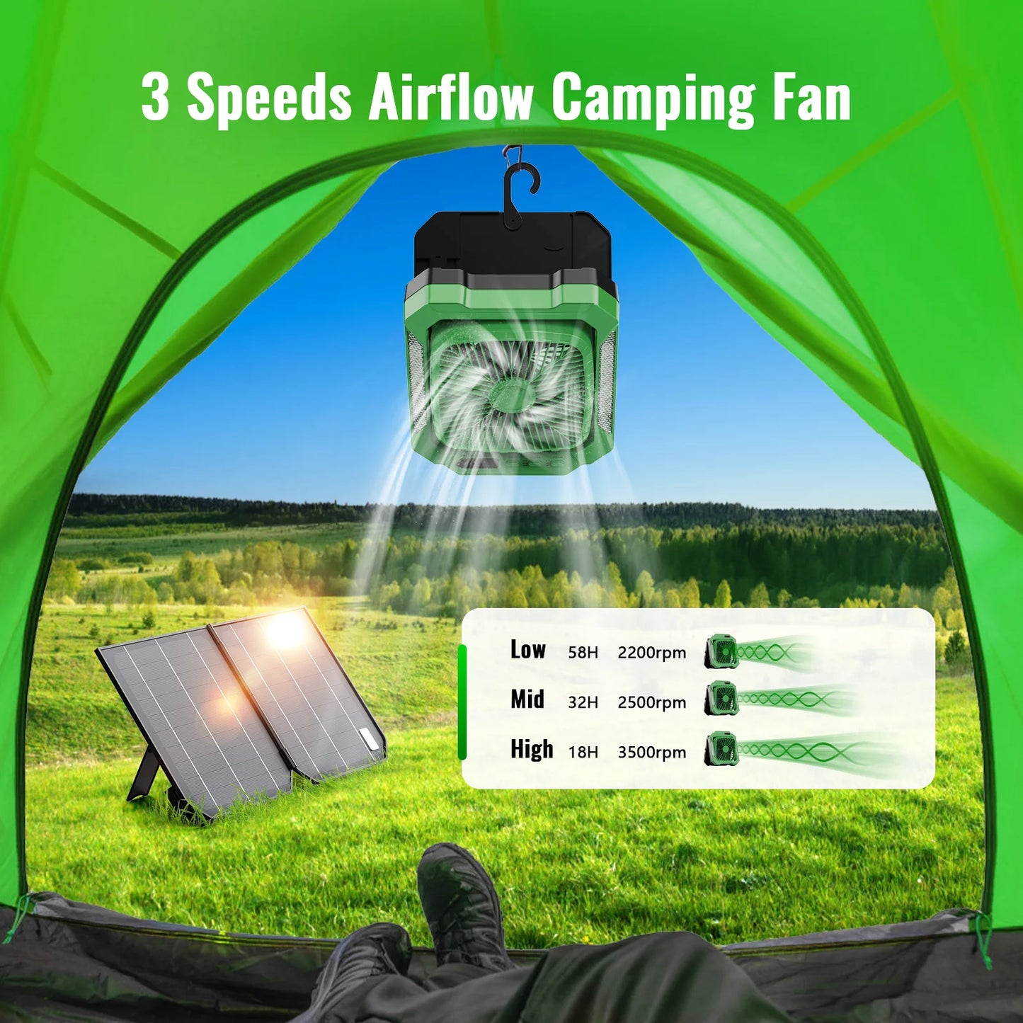 Solar Camping Fan With Foldable&Detachable 18W Solar Panel&20000mAh Rechargeable Battery LED Lantern 3-Speed Silent Timer Hook
