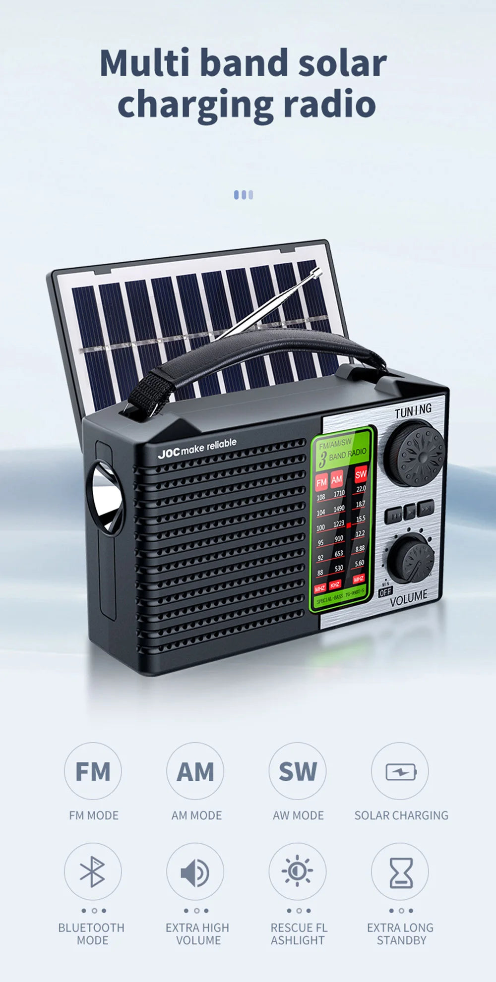Portable FM AM SW Radio Rechargeable Outdoor Solar Full Band High Sensitivity Radio with LED Illumination and Wireless Speakers