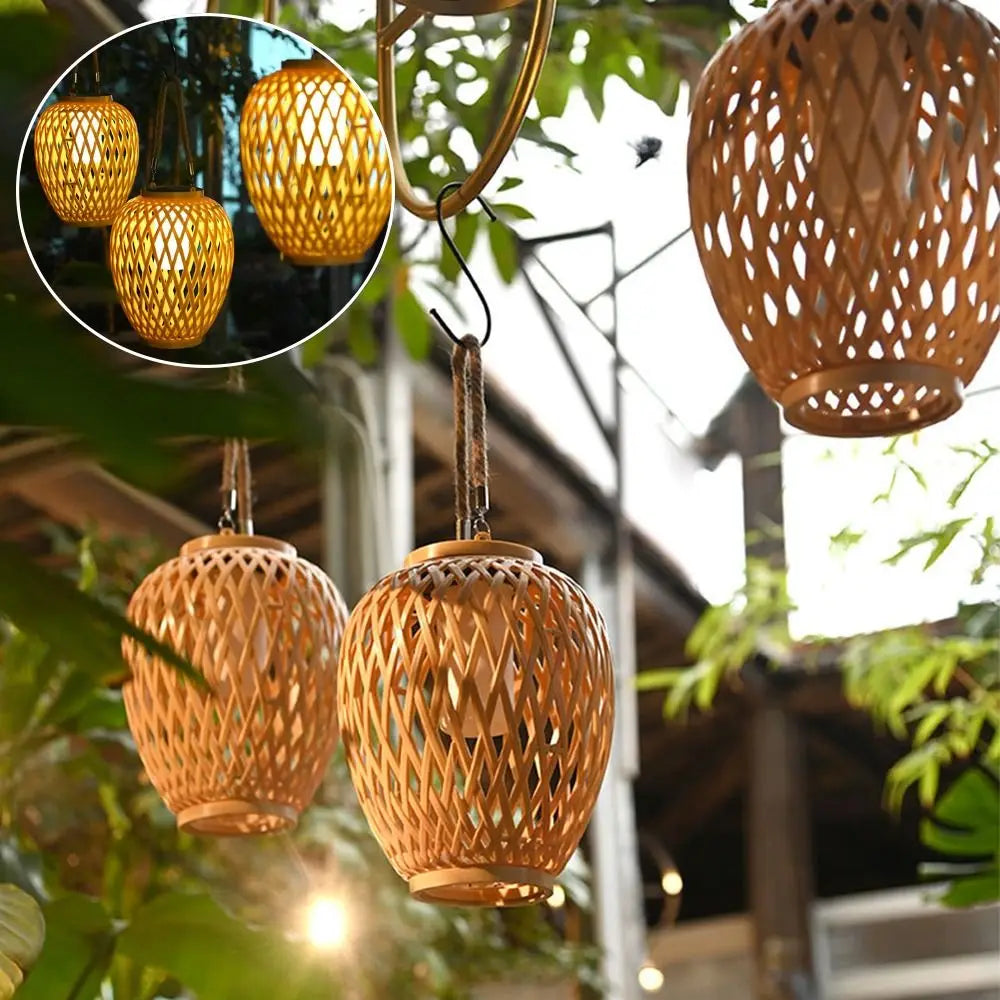 Solar Bamboo Weaving Lantern 600 mAh Waterproof Chinese Lantern Lights LED Garden Decorative Light Warm Light