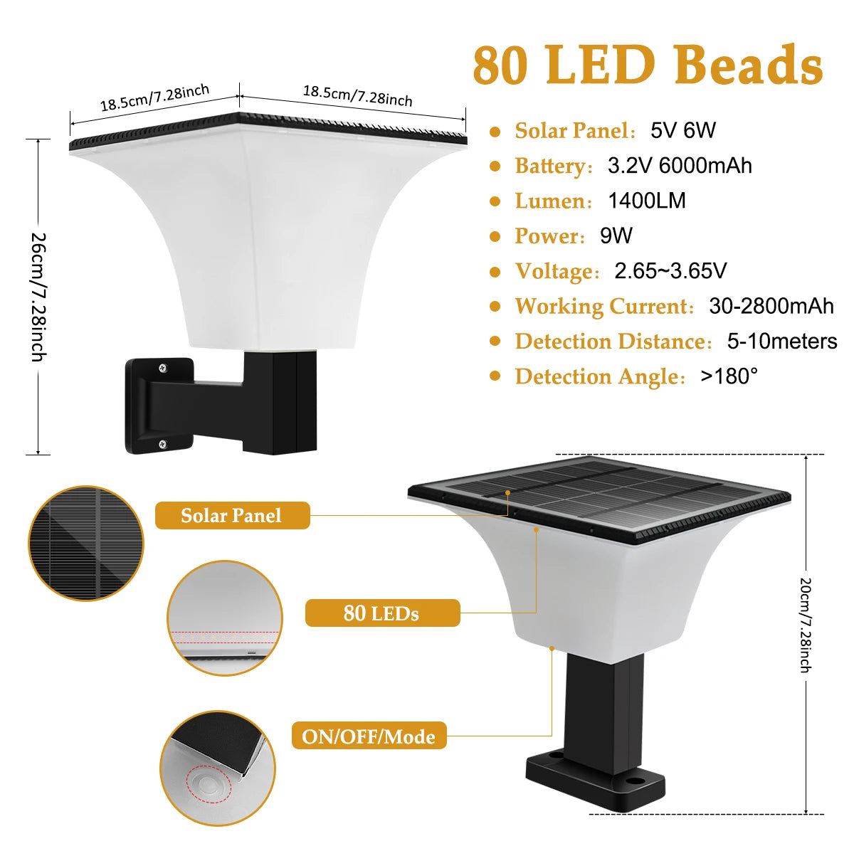 Solar Lights Outdoor 4 Modes Post Cap Wall Mounted Solar Lamp for Garden Yard Waterproof Solar Powered Pathway Lighting 80leds
