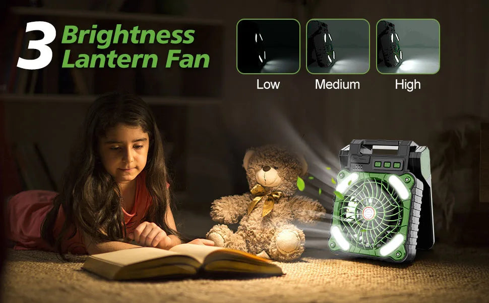 10000mAh Solar Powered Portable Camping LED Lantern With Fan 4 Speeds Powerful Wind Rechargeable Battery Operated 90° Folding