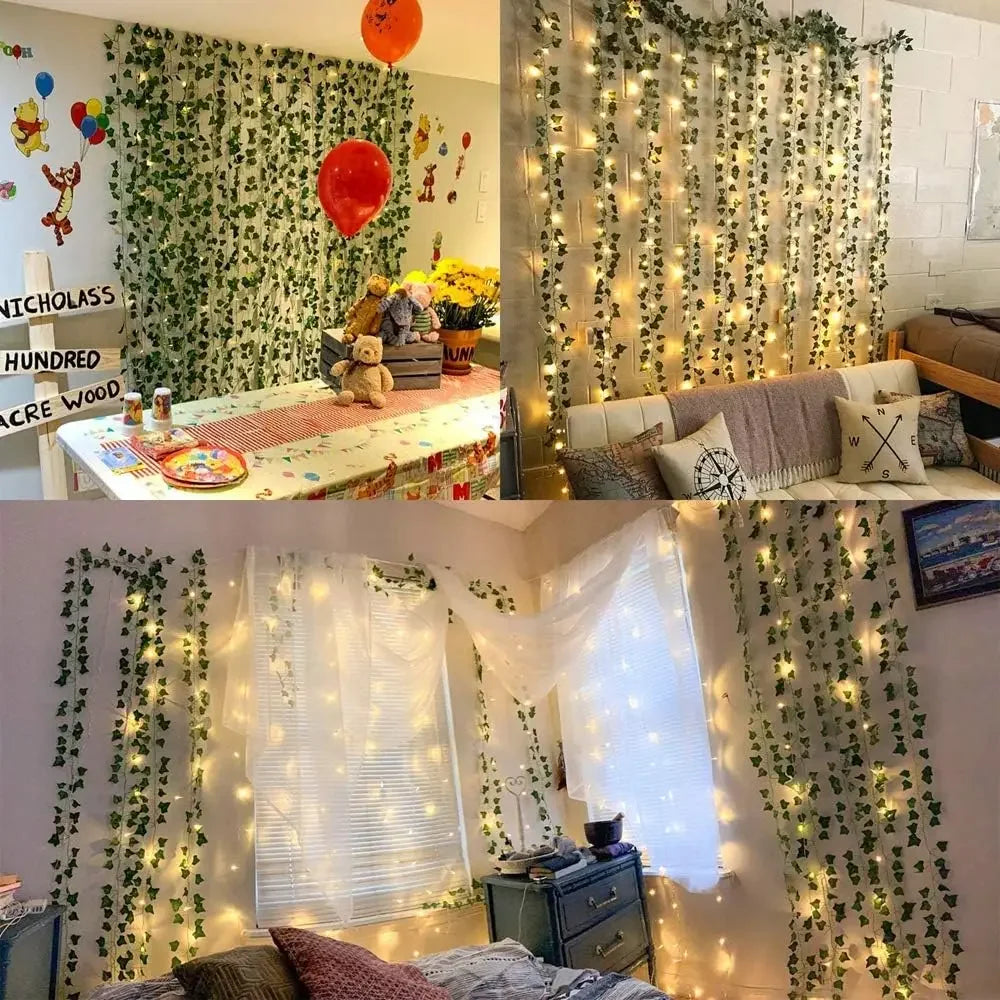 7/12M Solar Green Leaf String Lights Artificial Vine Fairy Lights Christmas Tree Garland Light Home Holiday Lighting Decoration