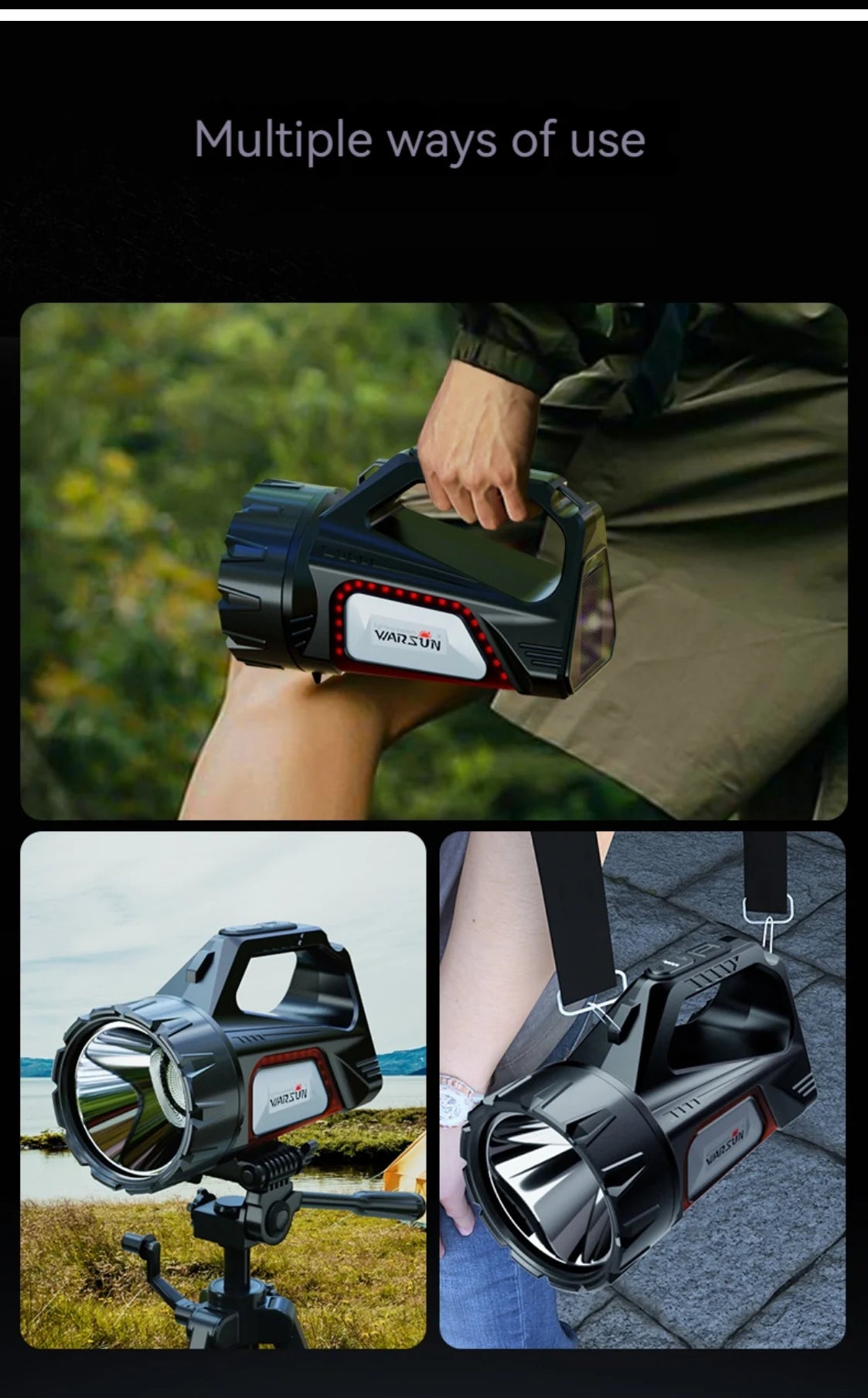 Warsun USB Rechargeable Solar Energy Camp Flashlights ABS Portable Waterproof Torch Work Light Outdoor Searchlight