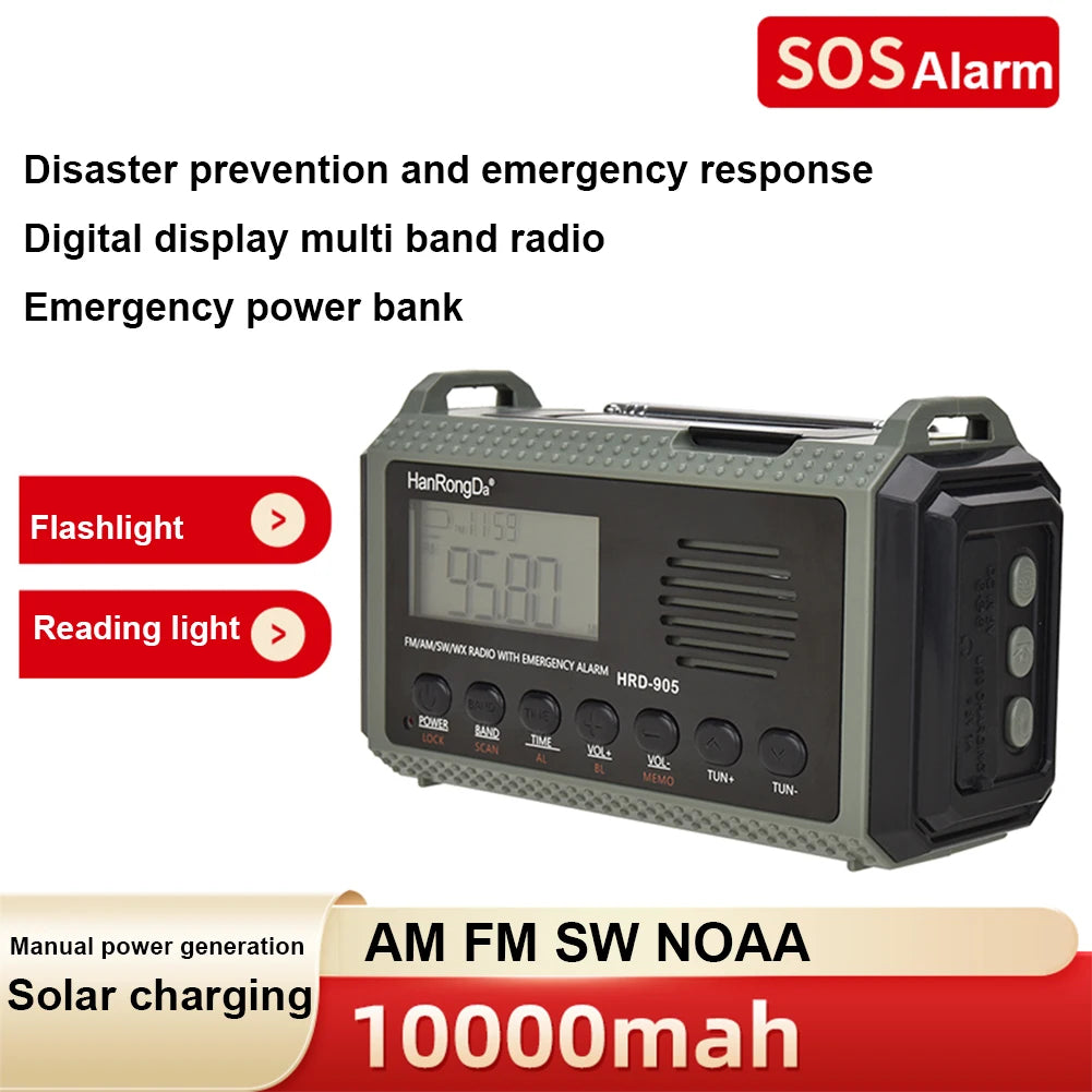10000MAh Portable Emergency Solar Power Radio Hand Crank AM FM SW NOAA Weather Radio Led Reading Flashlight Phone Power Bank