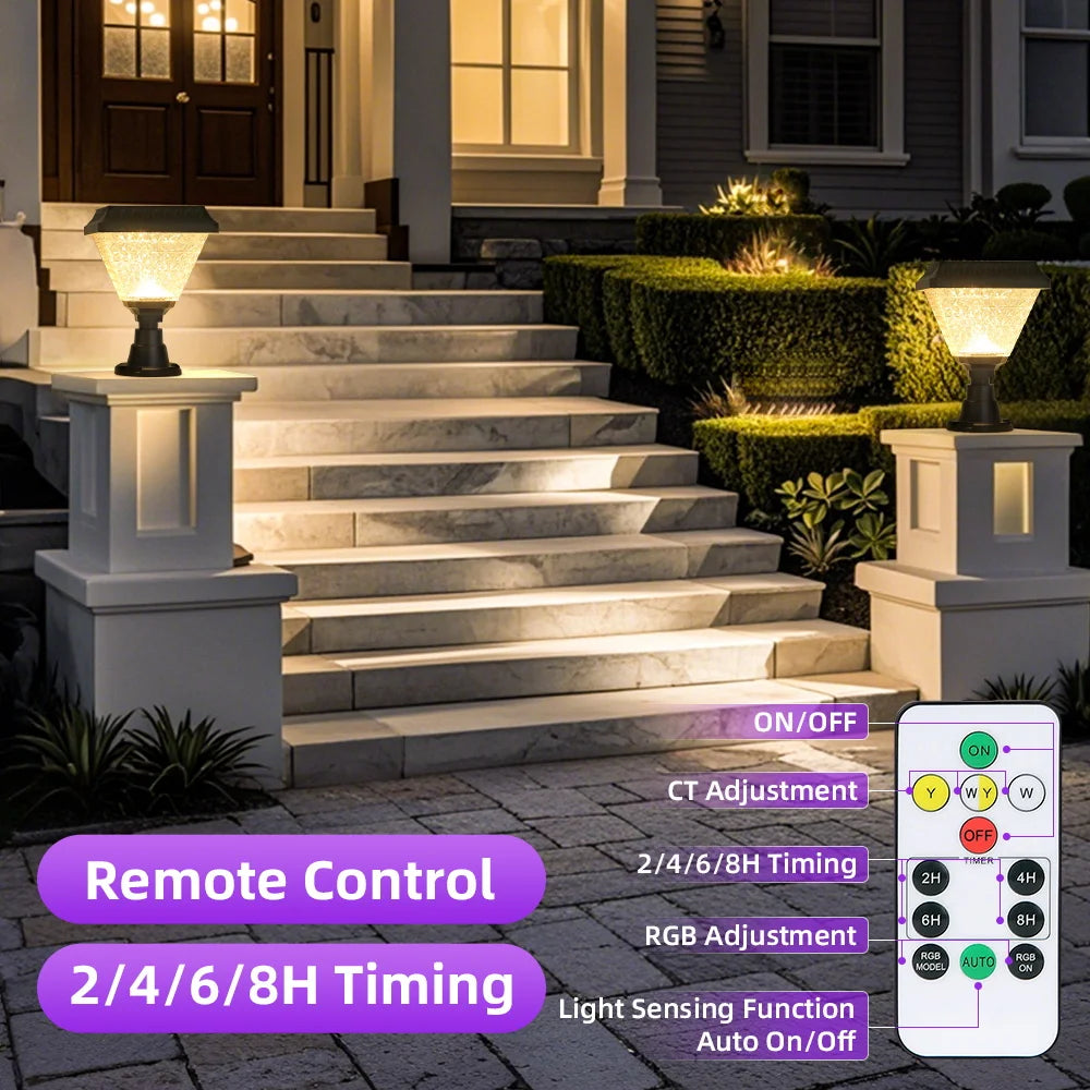 Timed Outdoor Solar Pillar Lights IP65 LED Garden Fence Light Remote Control Dimming RGB Post Lights Auto on/off Street Sunlight